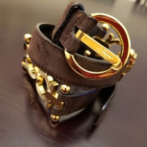 Ferragamo dark brown suede belt with gold tone buckle